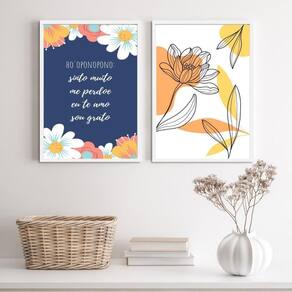 Kit 2 Quadros Florais Ho`oponopono 45x34cm - Madeira Preta