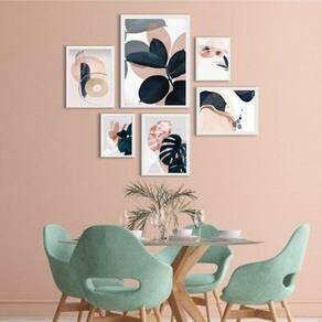 Kit 6 Quadros Decorativos - Azul e Rosa - Moldura Preta