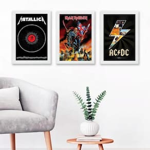 Kit 3 Quadros Bandas de Rock Metal 33x24cm Madeira Preta