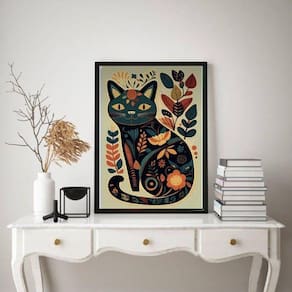 Quadro Folk Art Gato Floral 24x18cm Moldura Preta