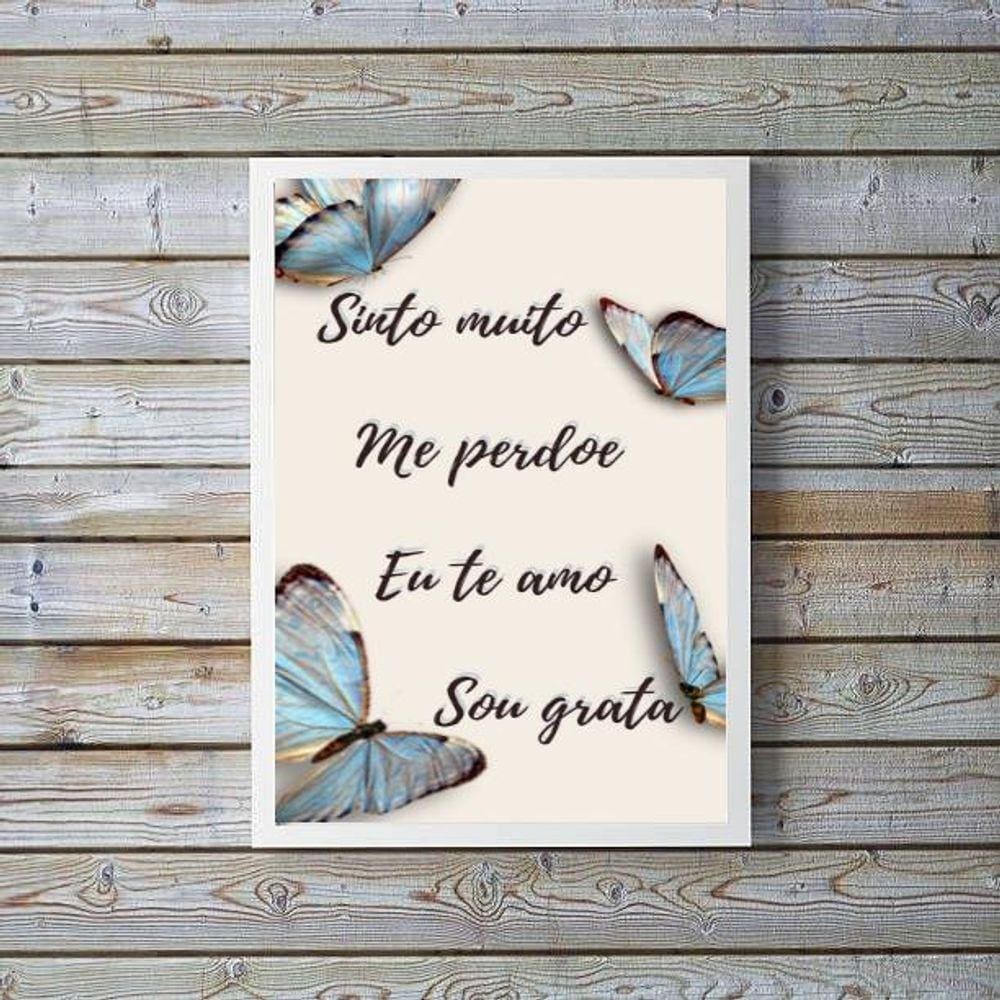 Quadro Hooponopono Borboletas Azuis 45x34cm - Moldura Branca