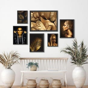 Kit 6 Quadros Folhas e Mulheres Douradas - Decoração