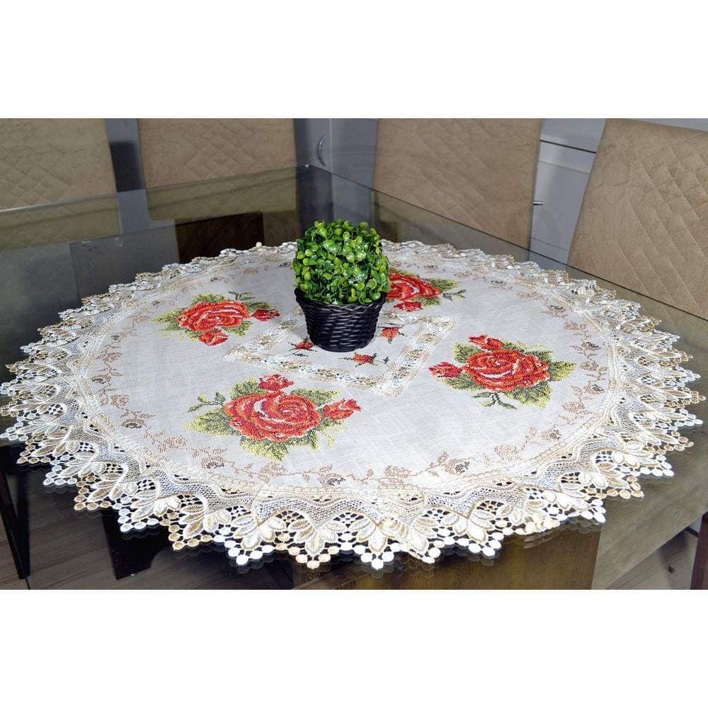 Toalha de Centro Redonda Flores Vermelhas