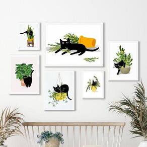Kit 6 Quadros Gatinho Plantas Moldura Preta 18x24cm 24x33cm
