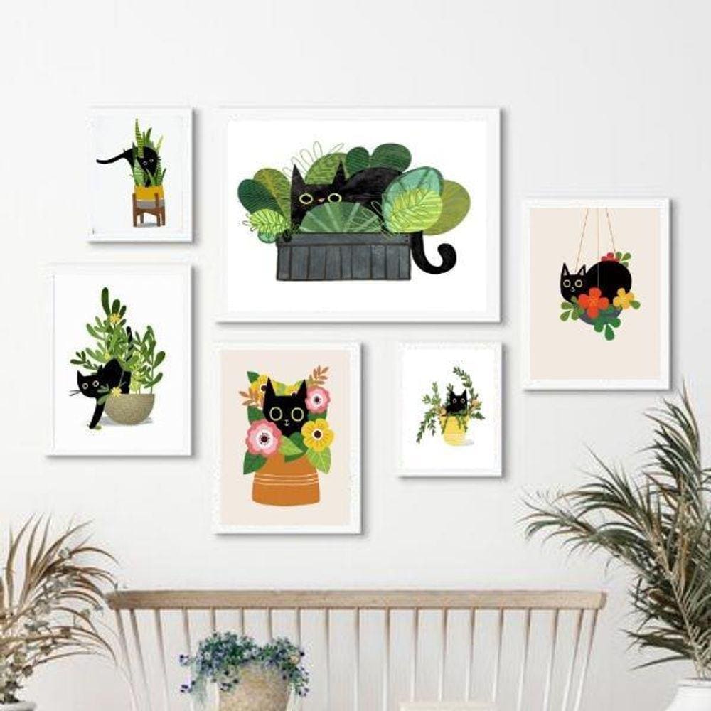 Kit 6 Quadros Gatinho + Plantas - Moldura Madeira - Vidro