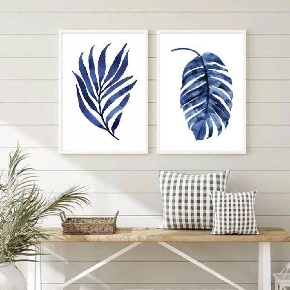 Quadros minimalistas folhas azuis 24x18cm - c/ vidro