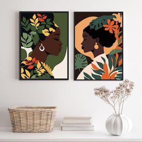 Kit 2 Quadros Mulheres Black African 33x24cm Moldura Preta