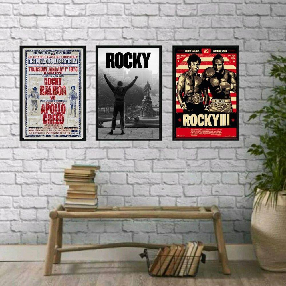 Kit 3 Quadros Rocky Balboa 45x34cm Moldura Branca