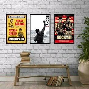Kit 3 Quadros Rocky Balboa 45x34cm - Vidro e Moldura Preta