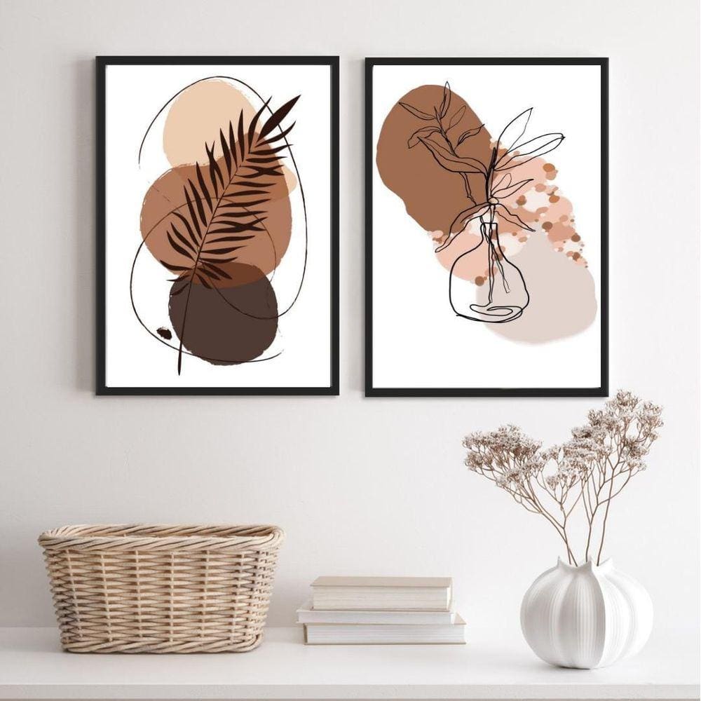 Kit 2 Quadros Abstratos 45x34cm - Marrom e Branco