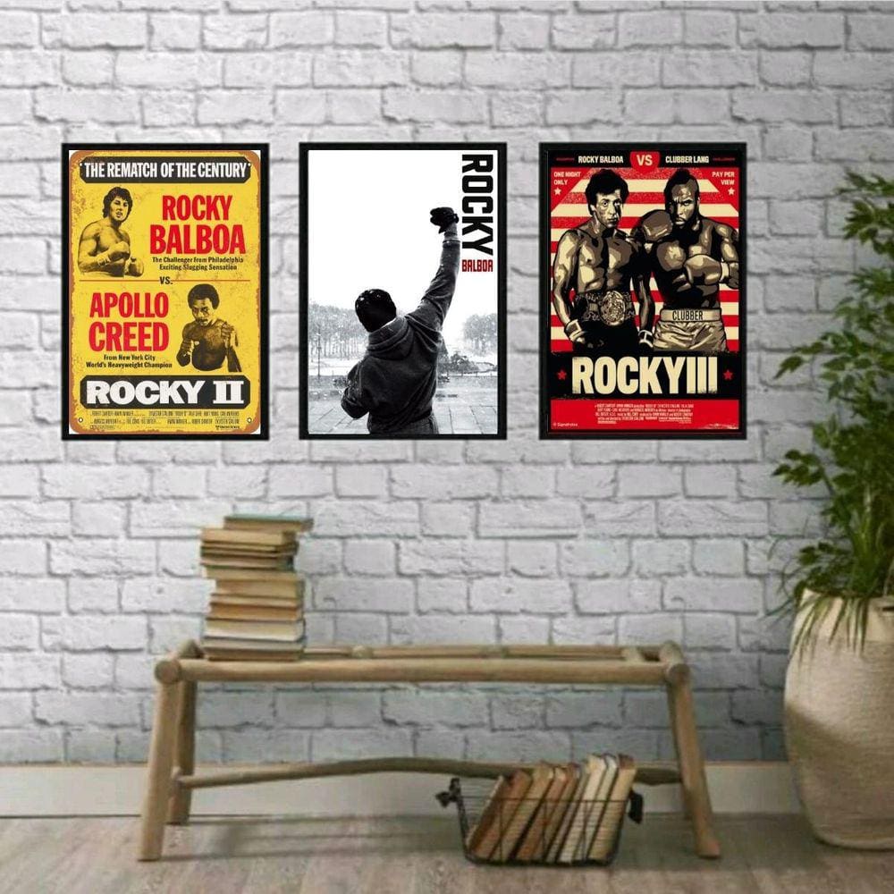 Kit 3 Quadros Rocky Balboa 24x18cm - Vidro - Madeira Branca