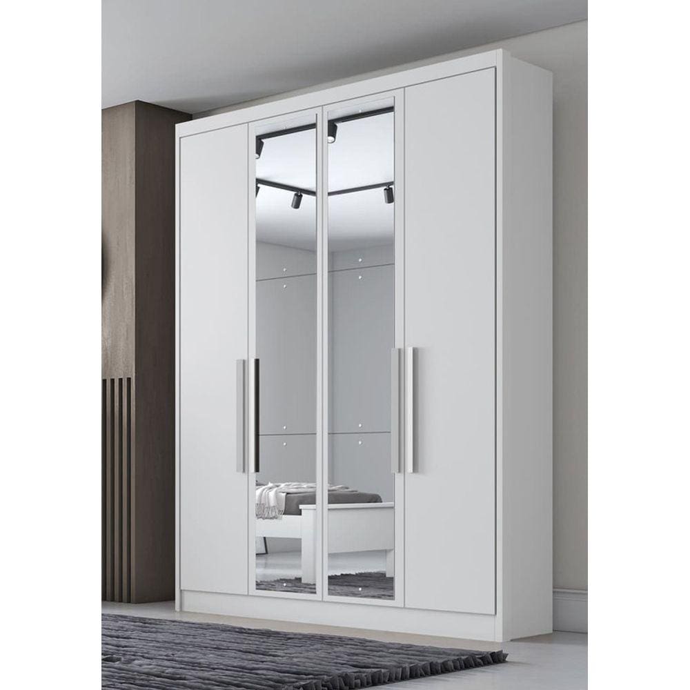 Guarda Roupa Solteiro com Espelho 4 Portas 3 Gavetas - Sevilha-Branco - Móveis Novo Horizonte