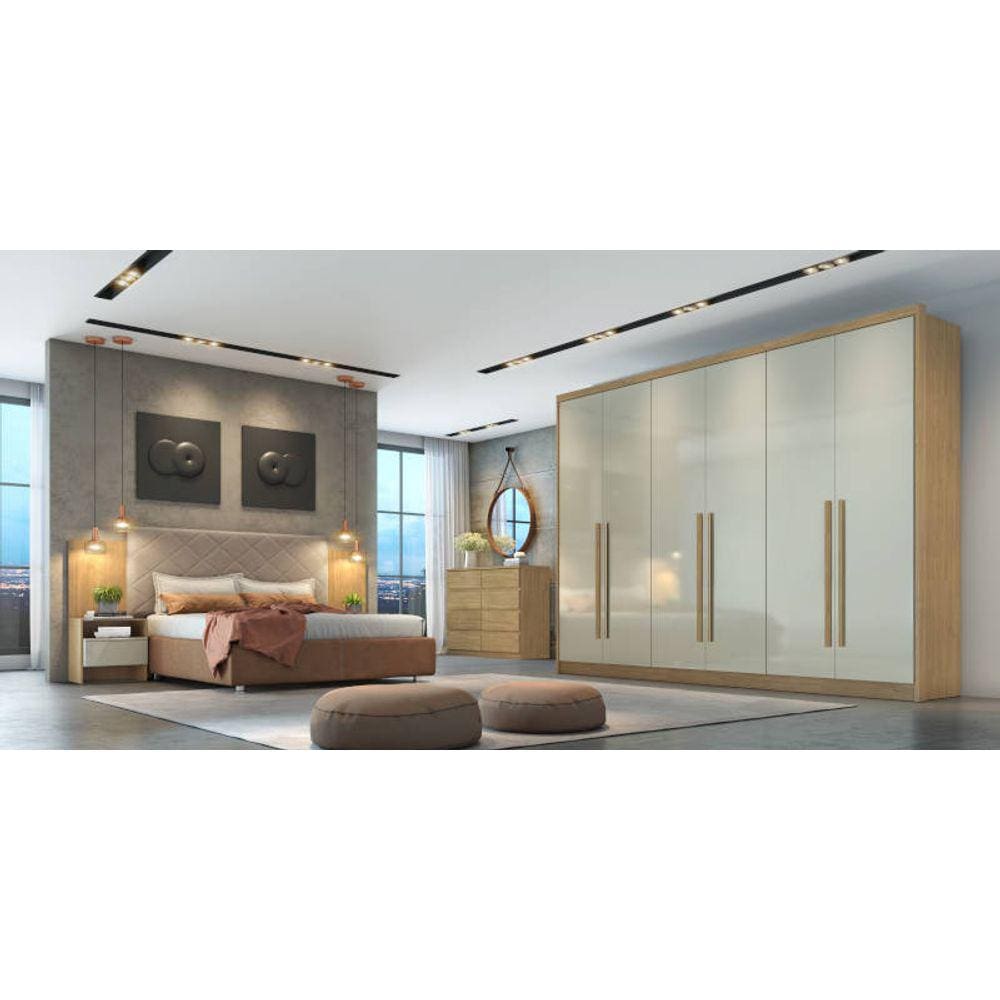 Guarda Roupa Casal 100% MDF 6 Portas 8 Gavetas - Livorno-Cumaru/Fendi - Móveis Novo Horizonte