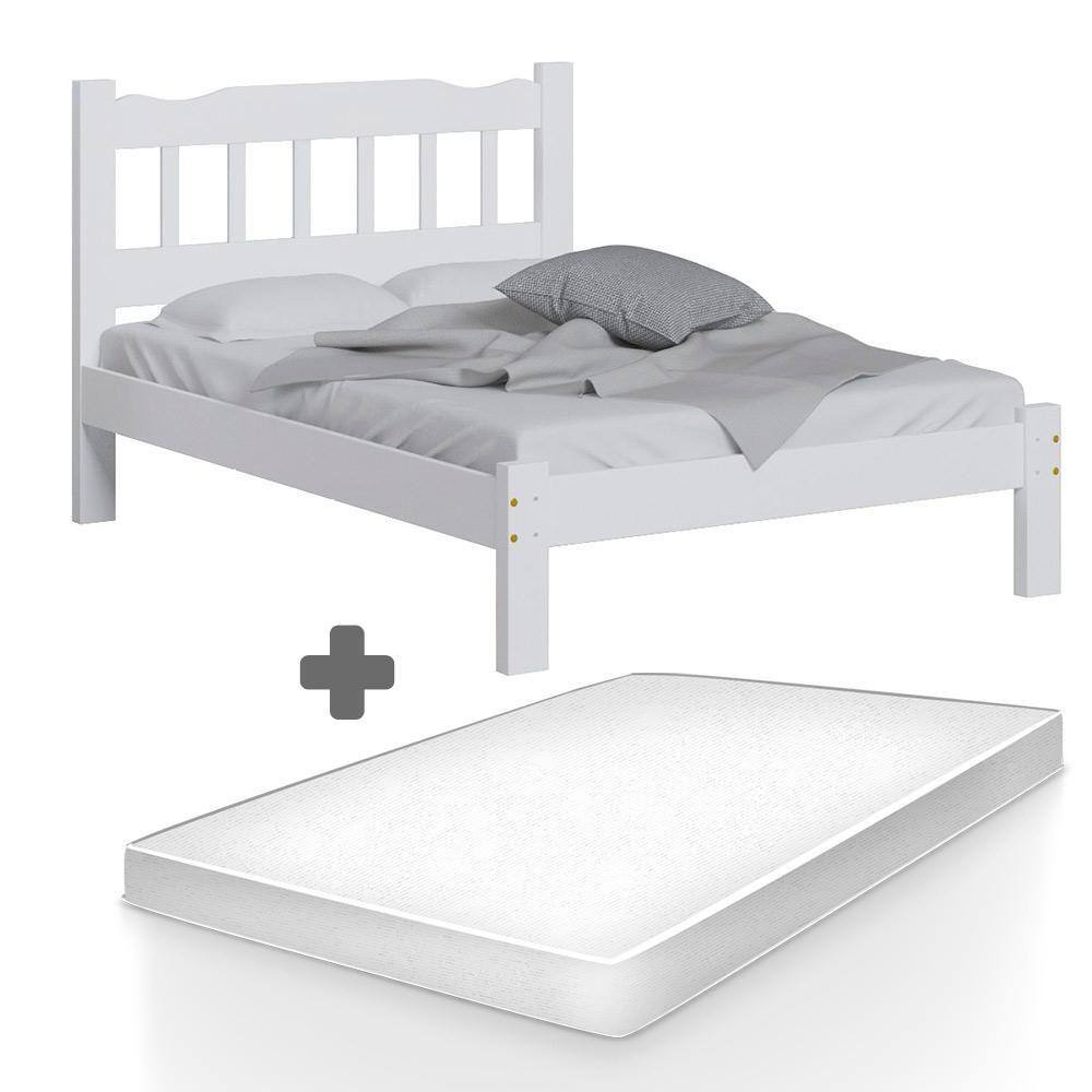 Cama De Casal De Madeira Maciça Branco Pérola Nemargi Com Colchão Casal - Branco