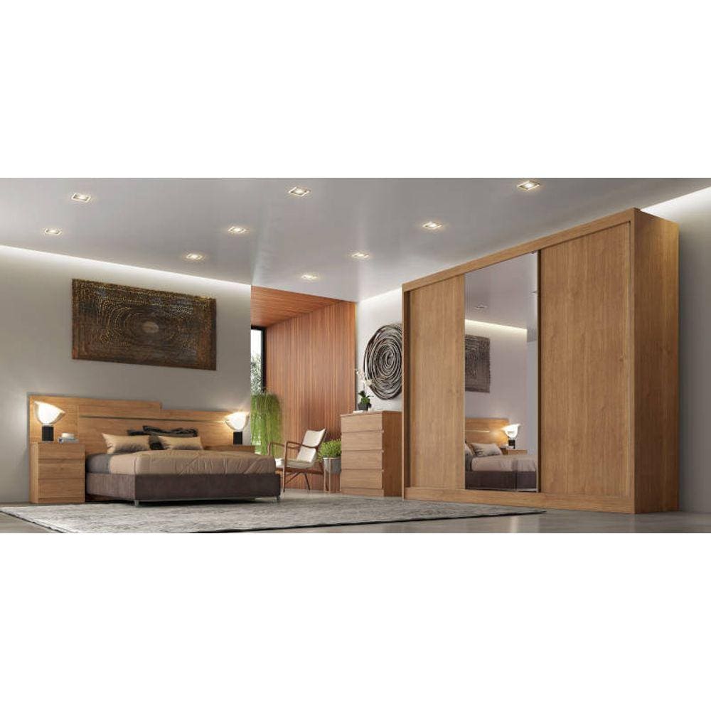 Guarda Roupa Casal com Espelho 3 Portas 8 Gavetas - Logan-Cumaru - Móveis Novo Horizonte