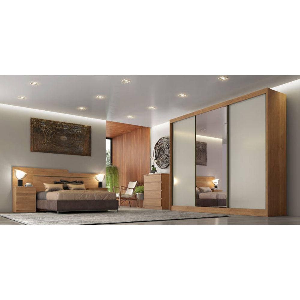 Guarda Roupa Casal com Espelho 3 Portas 8 Gavetas - Logan-Cumaru/Fendi - Móveis Novo Horizonte