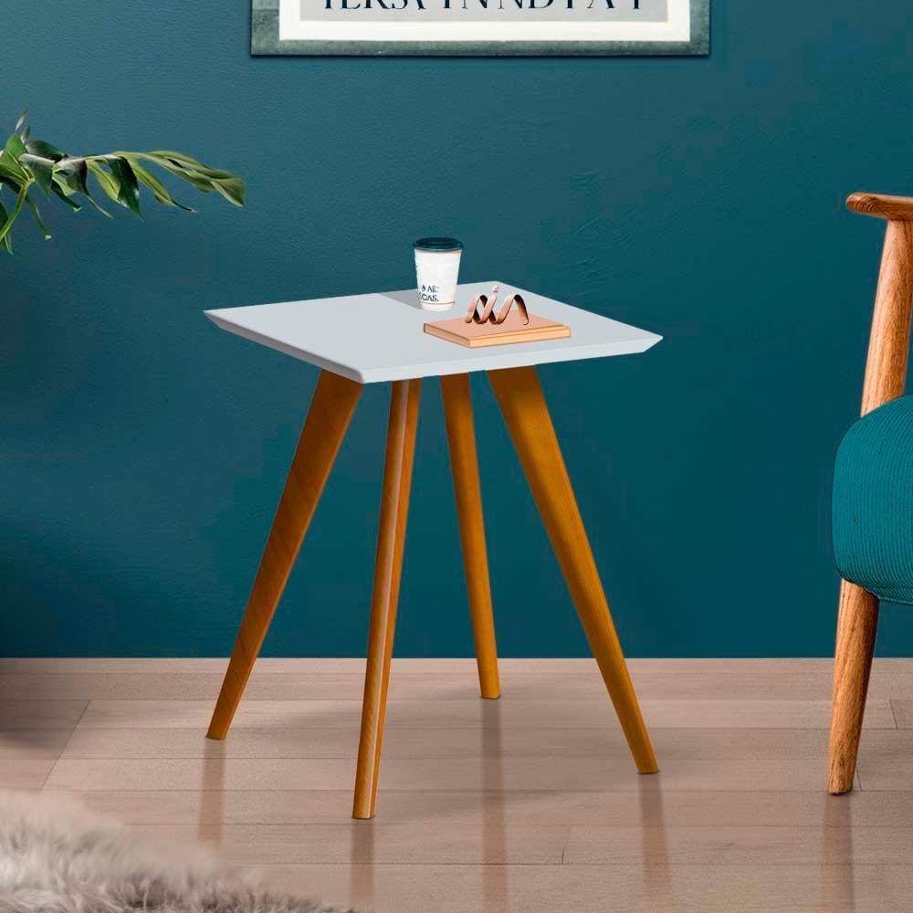 Mesa Lateral Quadrada Com Pés Em Madeira Maciça Branco Acetinado Elaena Shop Jm - Branco