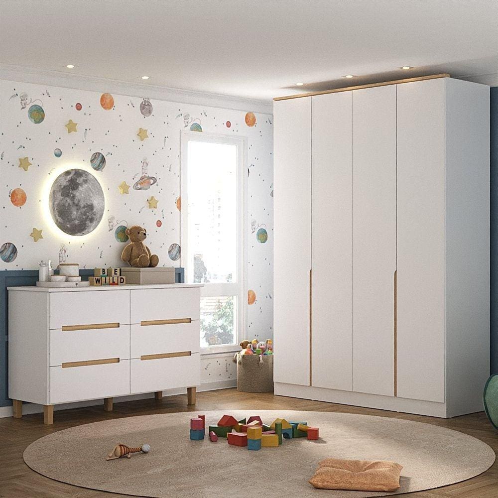 Conjunto Quarto Infantil com Guarda Roupa e Cômoda Sky Branco/Olmo Italiano