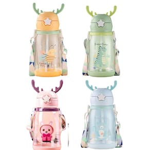 Garrafa de Água Infantil com Trava Modelo Alce Canudo e Bico de Silicone Decorada para Crianças