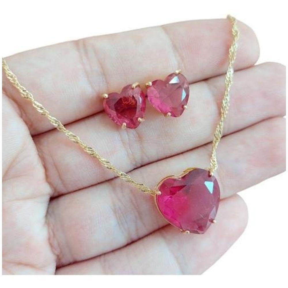 Conjunto Colar e Brinco Ouro 18k Semi Joia Coração 1,6cm