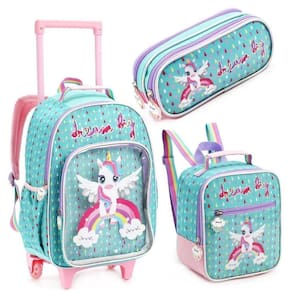 Kit Escolar Unicórnio Verde - Mochila, Lancheira e Estojo
