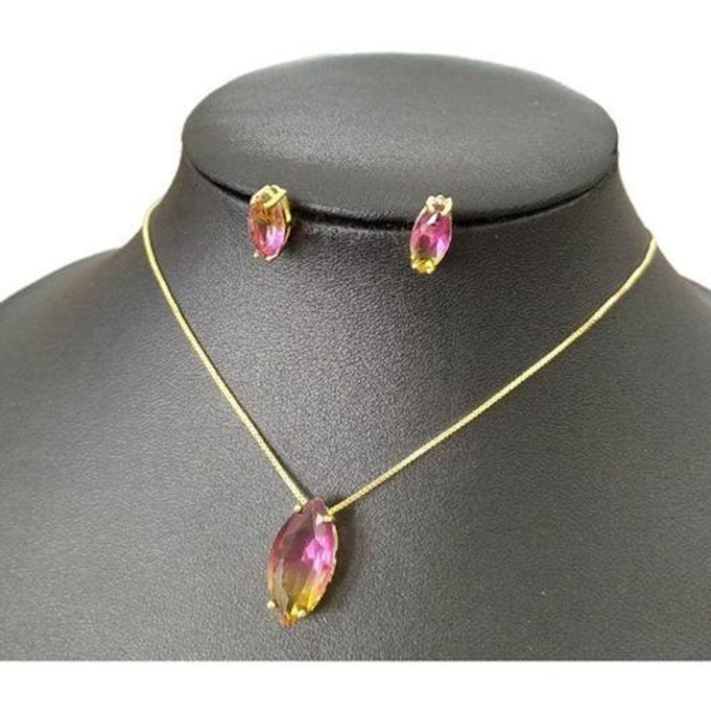 Conjunto Colar e Brinco Ouro 18k - Zircônia Rosa e Amarelo