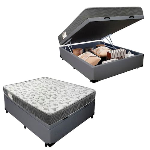 Cama Box Baú Casal Sintético + Colchão De Espuma D33 - SerenePrime - 138cm Cinza - Cinza