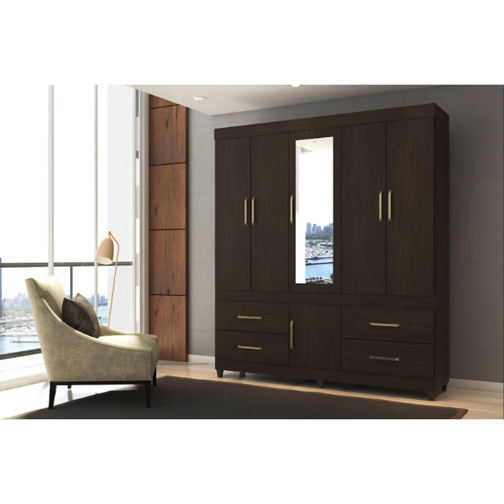 Guarda Roupa Casal 6 Portas Guarujá c/ Espelho 64720 Ébano Touch Demóbile - LBMSHOP