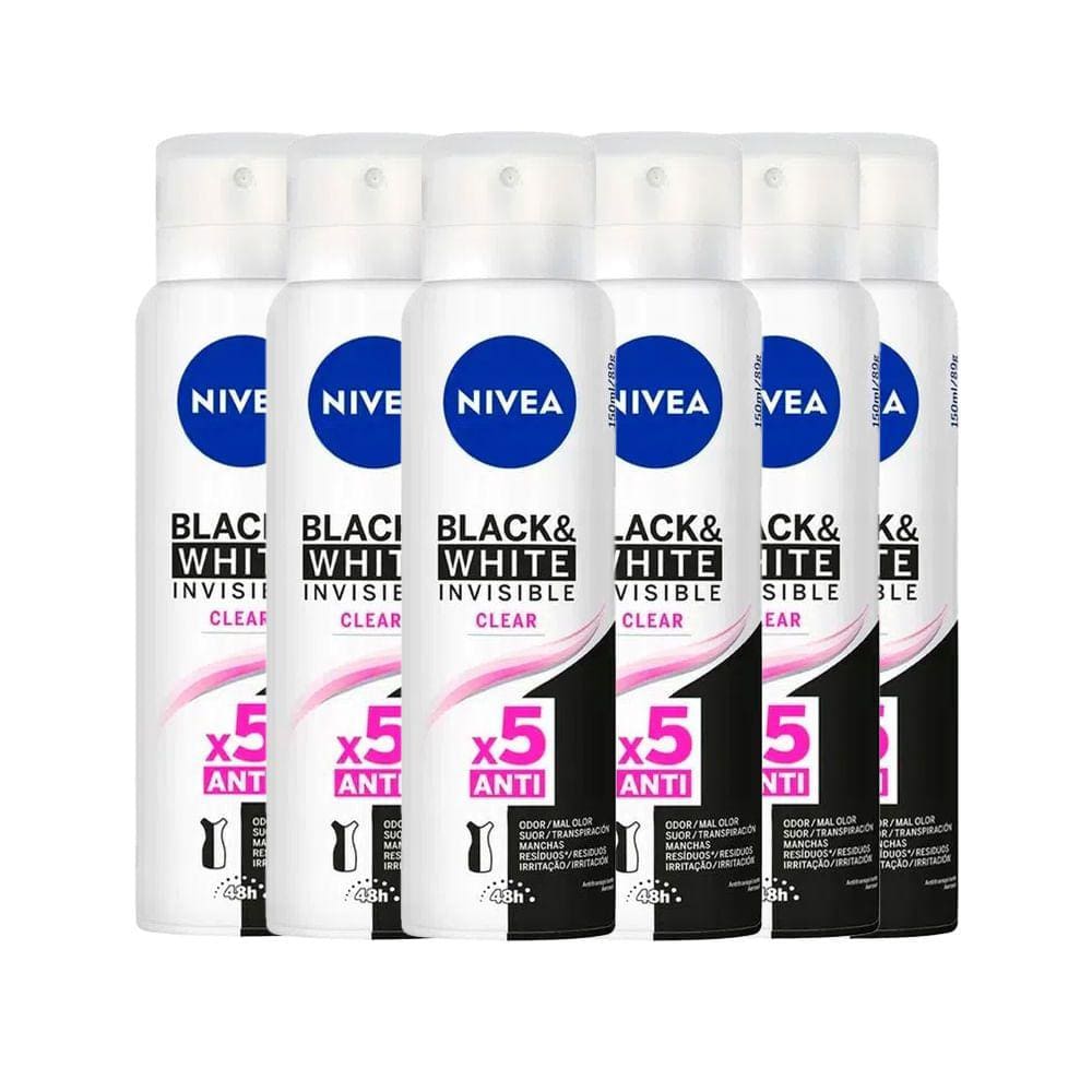 Kit Desodorante Aerosol Nivea Invisible Black & White Clear 150ml - 6 Unidades