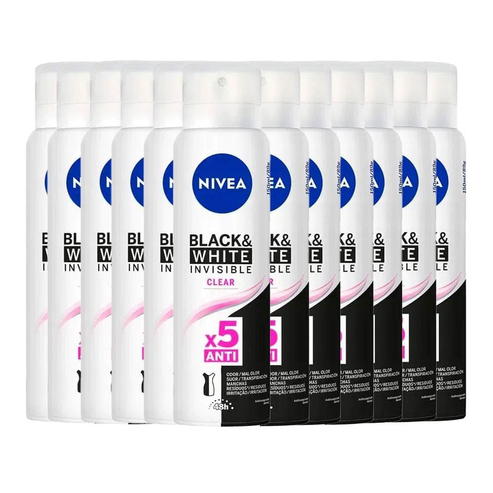 Kit Desodorante Aerosol Nivea Invisible Black & White Clear 150ml - 12 Unidades