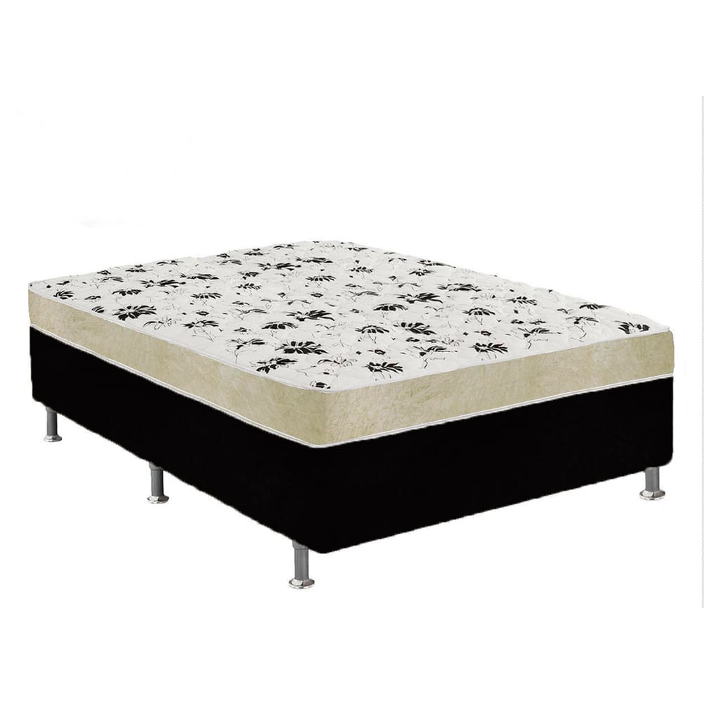 Cama Box Casal Suede Preto + Colchão Casal Suede Bege Espuma 138x188x55