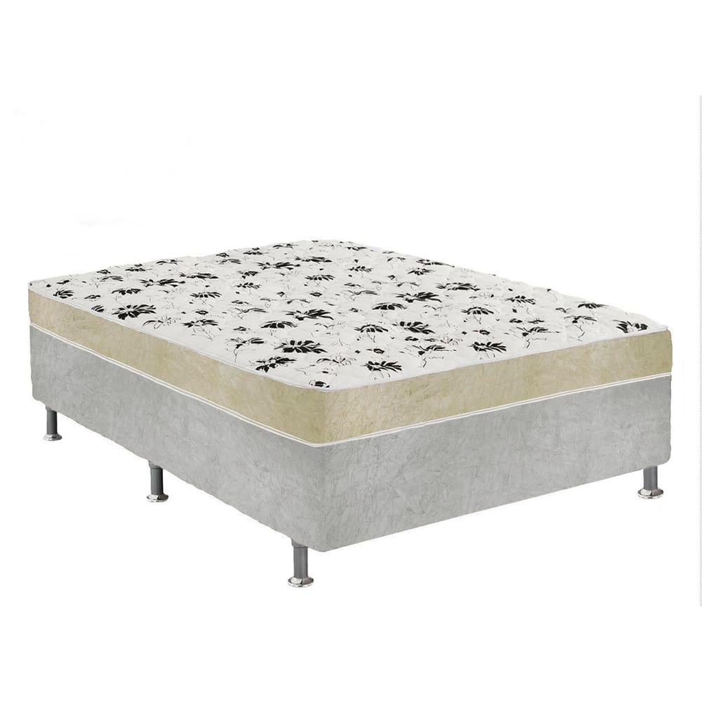 Cama Box Casal Suede Cinza + Colchão Casal Suede Bege Orto Molas Bonnel 138x188x55