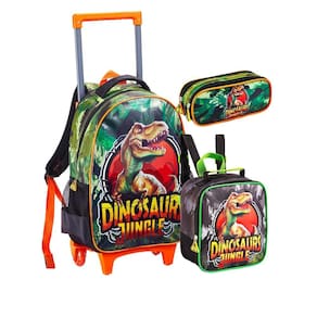 Kit Dino Mochila Rodas + Lancheira + Estojo 40x29x13cm