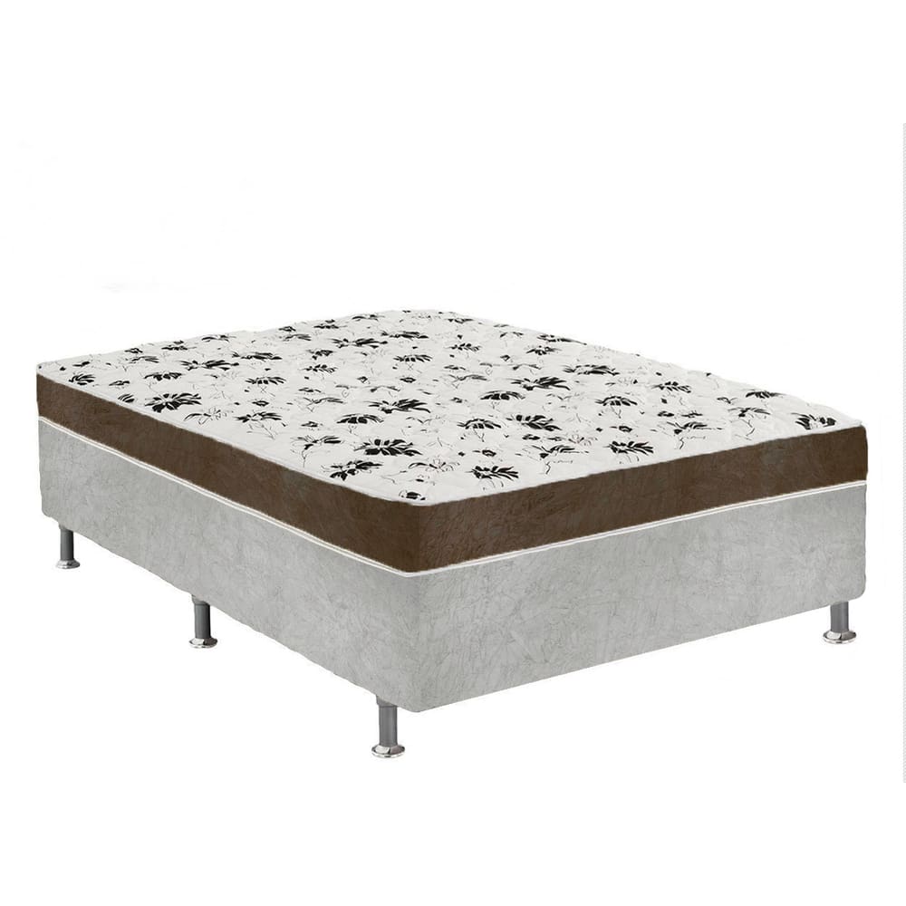 Cama Box Casal Suede Cinza + Colchão Casal Suede Marrom Espuma 138x188x55
