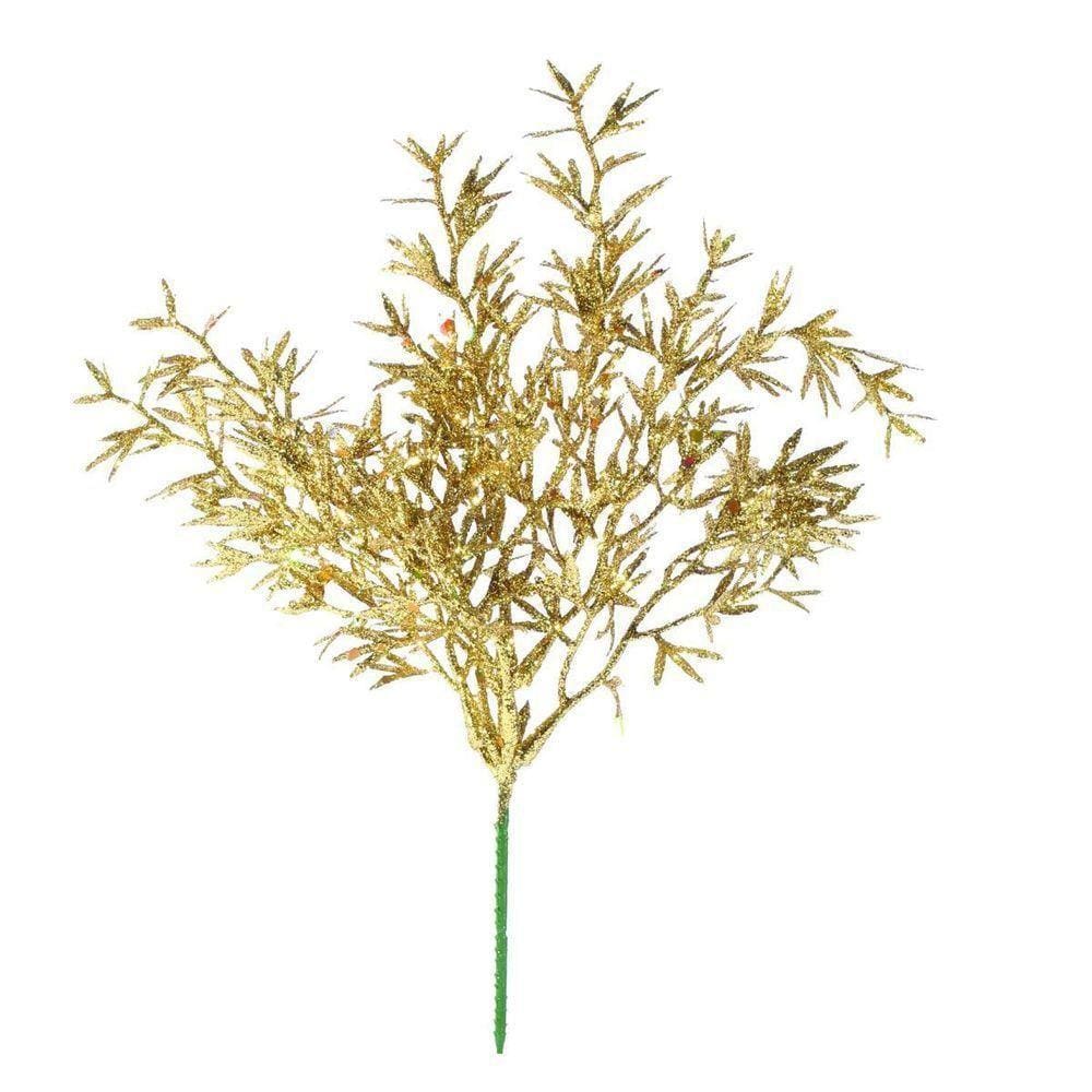 Kit Pick Natal Galho Folhagem Glitter Dourada Full 25cm 3 Un