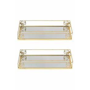Kit 2 Bandeja Metal Espelho Lavabo Banheiro 27x16cm Dourado