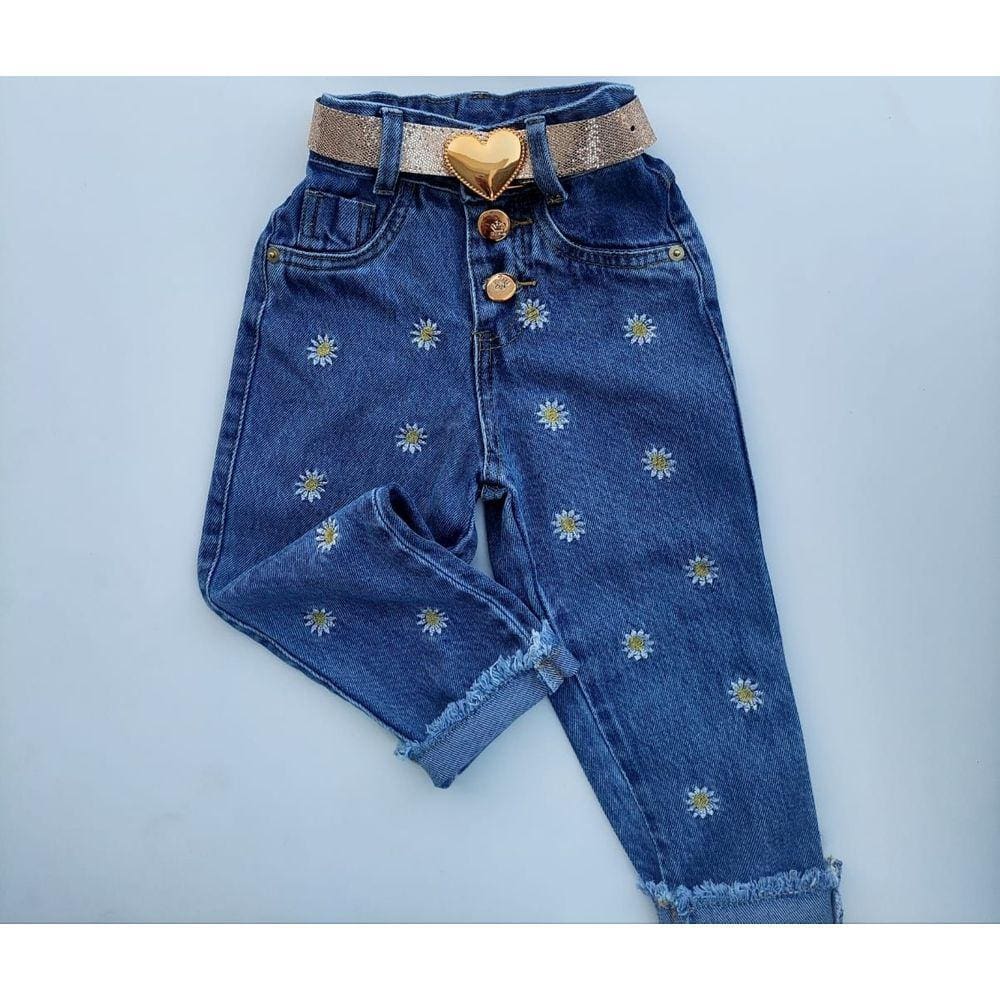 Calça jeans  bordada - modinha menina