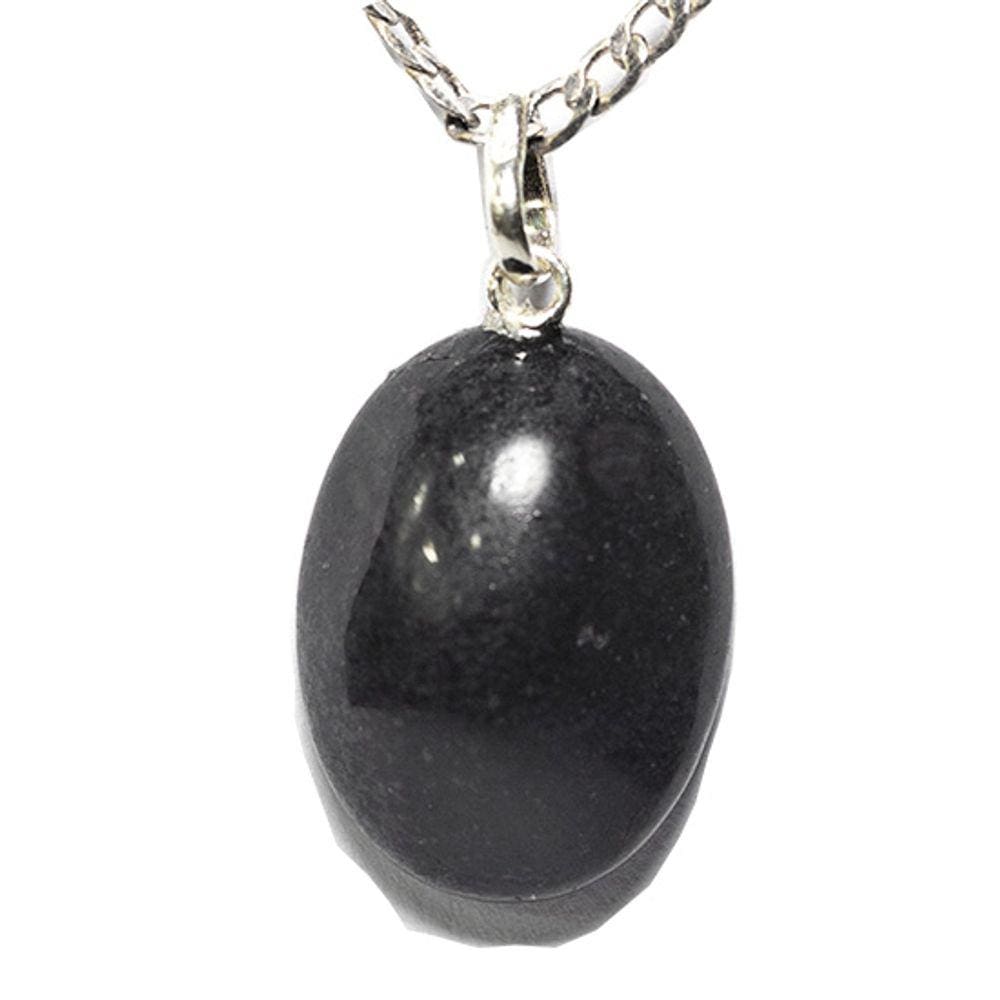 Colar Cabochão Oval Pedra Quartzo Preto 20mm Pino Prata 950