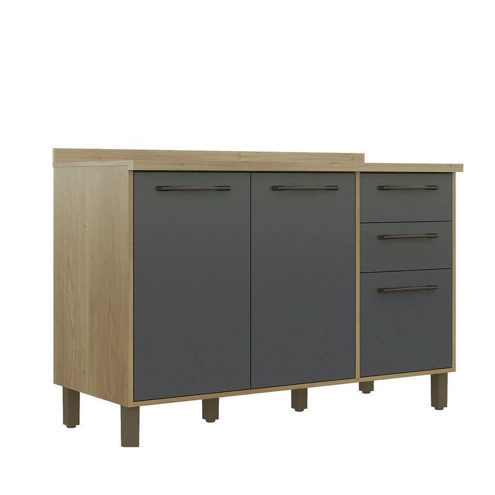 Balcão Cozinha 120Cm 3 Portas 2 Gavetas Cinamono/Grafit