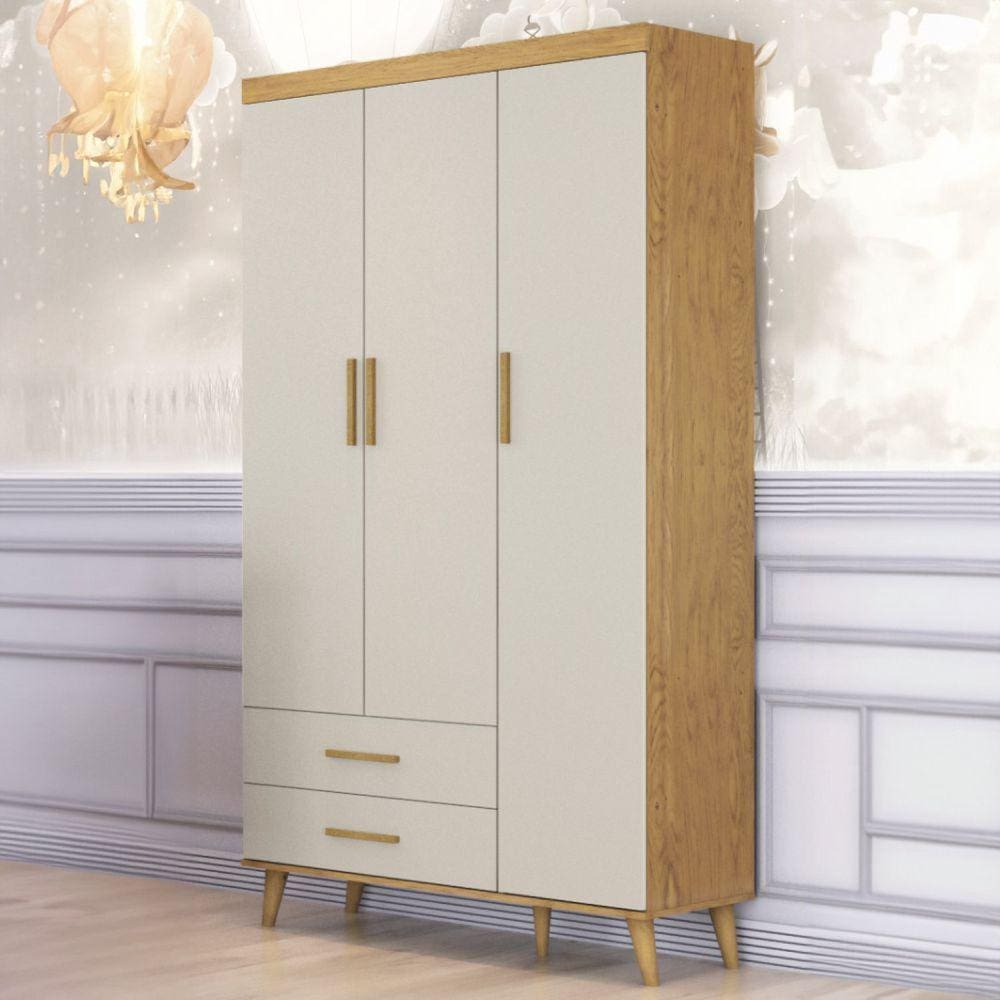 Guarda Roupa Bebê 3 Portas 2 Gavetas Ludmila Off White/Bétula