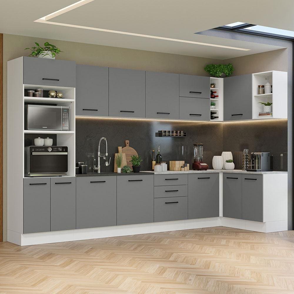 Armário De Cozinha Completa De Canto 499cm Branco/cinza Agata Madesa 01 Branco/cinza
