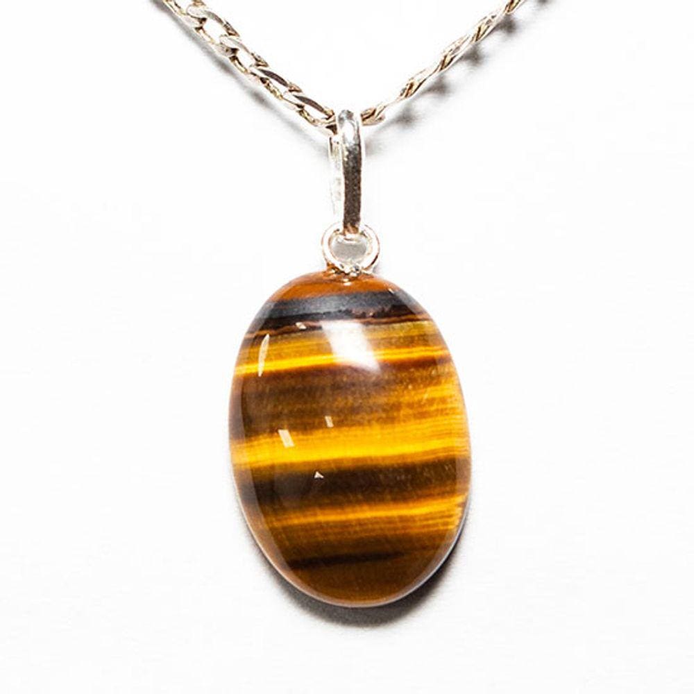 Colar Cabochão Oval Pedra Olho de Tigre 20mm Pino Prata 950