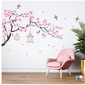 Adesivo De Parede Galho De Cerejeira Blossom E Gaiolas