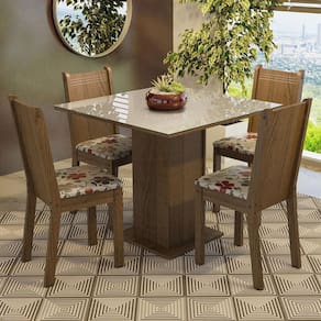 Conjunto Sala De Jantar Mesa Tampo De Vidro 4 Cadeiras Rustic/crema/hibiscos