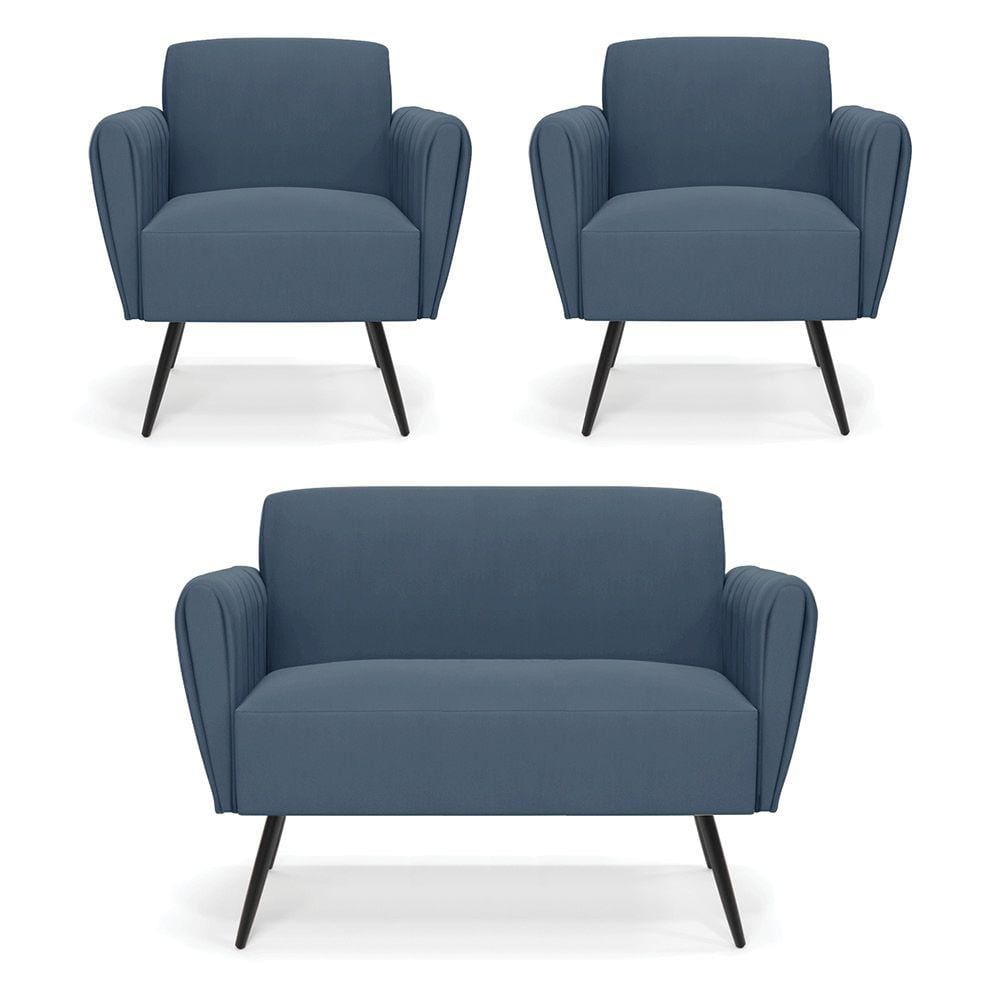 Sofá Namoradeira com 2 Poltronas Pés Palito de Ferro Bruna Suede Azul Marinho - D`Rossi