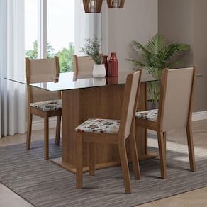 Conjunto Sala De Jantar Mesa Tampo De Vidro 4 Cadeiras Rustic/crema/floral Hibiscos Yara Madesa Rustic/crema/hibiscos
