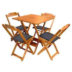 Jogo De Mesa Dobravel De Madeira 70x70 Com 4 Cadeiras Natural Estofado Preto - Marrom