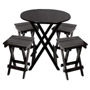 Jogo De Mesa Dobravel De Madeira 60cm Redondo Com 4 Banquinhos Dobraveis Preto - Preto