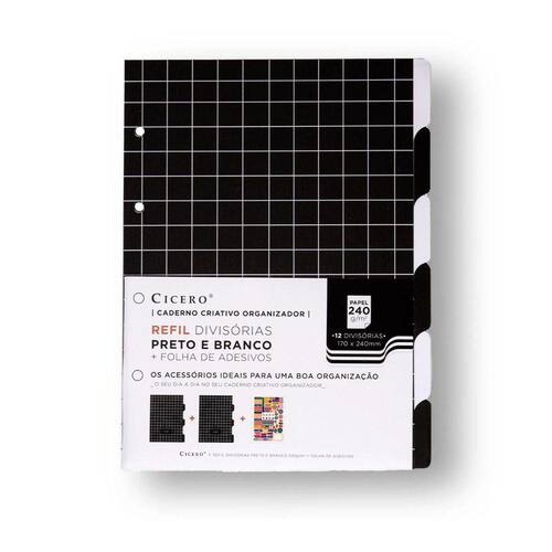 Refil Divisorias Caderno Argolado Cicero 12 Divisorias Preto e Branco