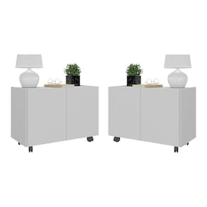 Kit 2 Mesas De Cabeceira Com Rodízios 2 Portas Multimóveis Mp4136 Branco Branco